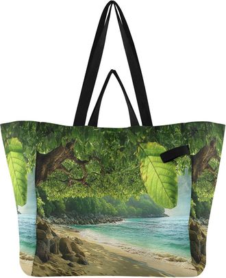 Generic Tropical Beach Green Tree print Reusable Canvas Tote Bag, Heavy Duty Grocery Shopping Bag with Double Handles Large Capacity Hard Bottom Work Grocerie