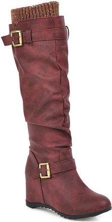 Generic Womens Knee-High Wedge Boots, Elegant Casual PU Slip-On Shoes with Pleated Look And Knitted Cuff Long Shaft Boots Comfortable Large Size Round Toe Rid