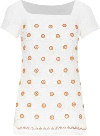 Moschino white cloque cotton orange bead crystal floral embellished top IT38