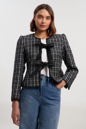 Karen Millen Womens Boucle Tailored Bow Detail Peplum Jacket - Black - Size 16 UK