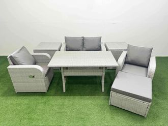 Fimous Light Grey PE Wicker Rattan Garden Furniture Set Sofa Set Reclining Chair Rectangular Dining Table 5 Seater With Footstool 2 Side Table