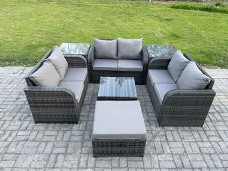 Fimous Outdoor Garden Furniture Sets 7 Seater Wicker Rattan Furniture Sofa Sets with Square Coffee Table Love seat Sofa Big Footstool in Dark Grey