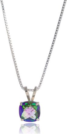 MAX + STONE 14k White Gold 8mm Cushion Cut Gemstone Pendant Necklaces with 18 inch Box Chain