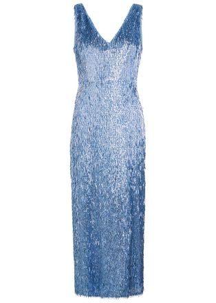 Erdem Embellished V-neck Mesh Midi Cocktail Dress - Light Blue - 12 (UK12 / M)