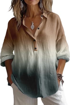 Generic Womens Gradient Long Sleeve Button Down Shirt, Boho Summer Blouse, Relaxed Fit (UK, Alpha, 3XL, Regular, Regular, 14)