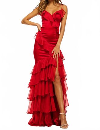 Sherri Hill Satin Evening Dress With Slit In Red