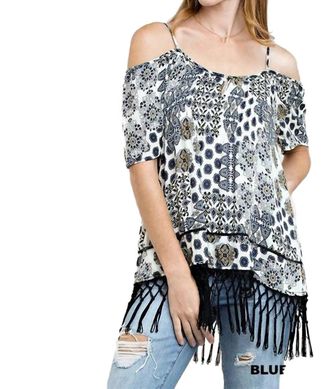 Greek Archaic Kori Off The Shoulder Fringe Top In Blue Mix