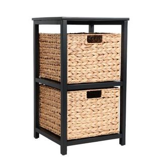 Happimess Cohen Coastal Bohemian Handcrafted Acacia Wood 2-Tier Storage Cabinet with 2 Water Hyacinth Woven Baskets in Black at Nordstrom