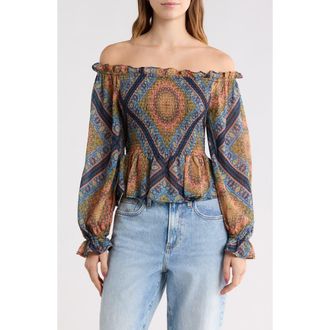 Flying Tomato Off-the-Shoulder Print Top in Black/Blue Multi at Nordstrom Rack, Size Medium