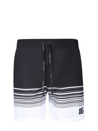 Dolce & Gabbana Mens Stripped Drawstring Swim Shorts in Black/White - Size Small