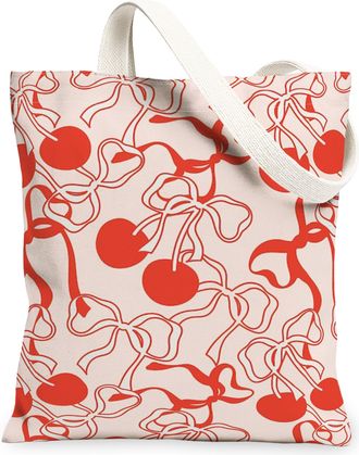 Generic Cherries Bow Canvas Tote Bags, Cute Fruit Design Reusable Grocery Bags, Summer Vintage Lightweight Washable Shoulder Strap, Red, 13x15 Inch