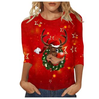Generic Ladies Xmas Jumpers Christmas Tops for Women UK Ladies Xmas Tops 3/4 Sleeve Top UK Christmas T-Shirts Plus Size Novelty Funny 3/4 Sleeve Reindeer Grap
