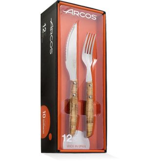 Arcos Serie Mesa-set Chuletero (6 Cuchillos + 6 Tenedores) -acero Inoxidable Nitrum De 110 Mm-mango Madera Comprimida Color Marr&oacute;n, 12 Piezas. - Arcos