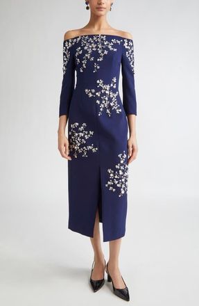 Carolina Herrera Floral Appliqué Off the Shoulder Stretch Crepe Midi Dress in Midnight at Nordstrom, Size 2