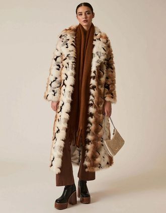James Lakeland Womens Animal Patchwork Faux Fur Coat - Brown - Size: 12