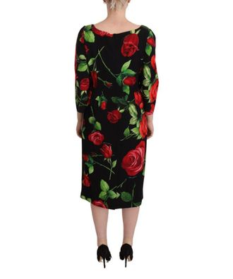 Dolce & Gabbana Womens Black Red Roses Sheath Stretch Silk Dress - Size 4 UK