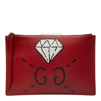 Gucci Black Red Color Leather Clutch Bag Pouch (Pre-Owned)