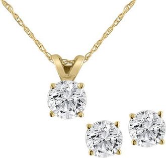 Pompeii3 3/4CT T. W. Diamond Studs & Solitaire Necklace Set in 14k White or Yellow Gold
