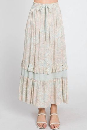 Calista Paisley Ruffle Maxi Skirt In Mint And Taupe