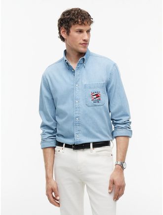 Tommy Hilfiger Mens Relaxed Fit Wavy Flag Logo Denim Shirt - Blue - XXL