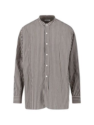 Kaptain Sunshine Brown Striped Cotton Band Collar Shirt
