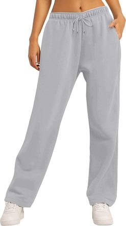 Generic Joggers for Women UK,Womens Casual Joggers Sweatpants Solid Color Drawstring High Waist Wide Leg Pants with Pockets,Silver,XXL