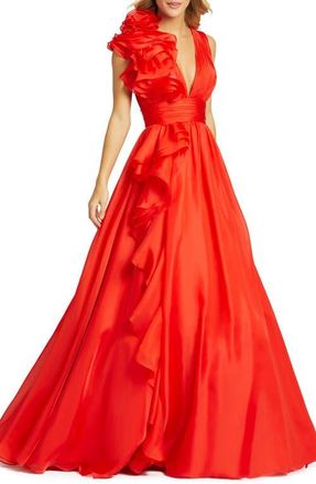 Mac Duggal Ruffle Shoulder V-Neck Chiffon Gown in Cherry at Nordstrom, Size 12