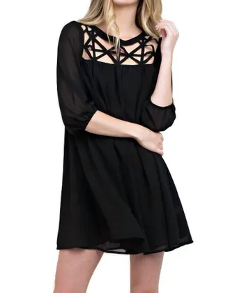 Greek Archaic Kori Lattice Baby Doll Dress In Black