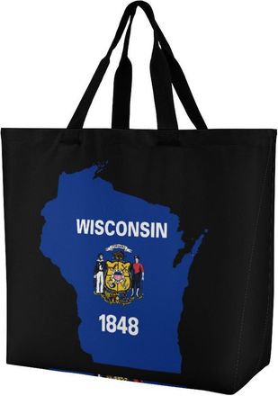 Generic Map of Wisconsin Flag Reusable Shopping Bags One Shoulder Grocery Tote Bag Waterproof Big Purse for Work Travel