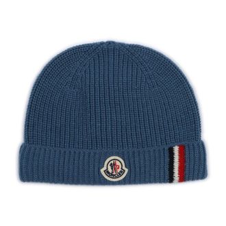 Moncler Wollen muts met driekleurige bies - unisex - Accessoires - Blauw - Maat: 2XS Wol