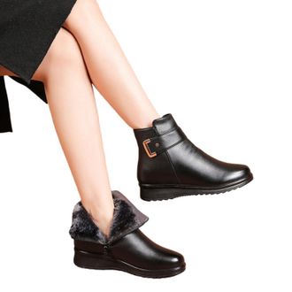 Generic Womens Metal Buckle Leather Wool Orthopedic Boots, Winter Warm Non-Slip Thickened Wool Lining Snow Boots For Women With Zipper (BLACK 2,3.5)