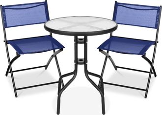 Best Choice Products 3-Piece Patio Bistro Dining Furniture Set w/ Round Textured Glass Tabletop, Folding Chairs