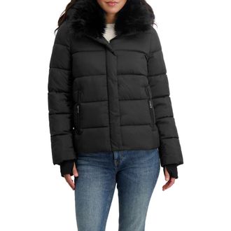 Elie Tahari Vera Faux Fur Trim Hooded Puffer Coat in Black at Nordstrom Rack, Size X-Small