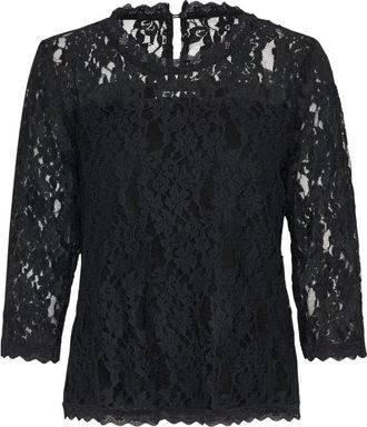 Cream Zwart Kant 3/4 Mouw Blouse - Dames - Blouses - Zwart - M - Katoen - Overhemden