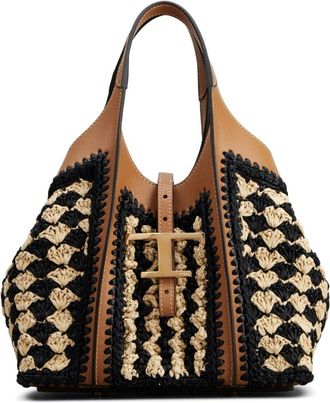 Tod's mini T Timeless crochet tote bag - women - Raffia/Calf Leather - One Size - Black