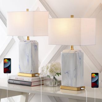 Jonathan Y Designs Chloe 24.5 Modern Coastal Iron/Marbled Ceramic LED Table Lamp with USB Charging Port, Blue/White (Set of 2)