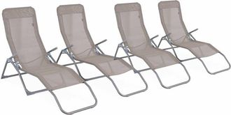 Sweeek Set of 4 textilene folding sun loungers with 2 positions, Levito x4, Beige-brown, 57x168x93 cm