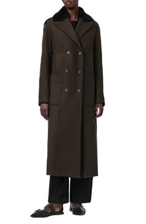 AllSaints Millie Shearling Collar Wool Blend Long Coat in Khaki Green at Nordstrom, Size 8 Us
