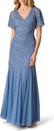 Adrianna Papell Beaded Godet Evening Gown in French Blue at Nordstrom, Size 14