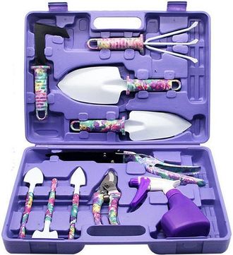 No Brand Juego De 10 Herramientas De Jardiner&iacute;a Con Estampado Floral Morado Y Mango Ergon&oacute;mico