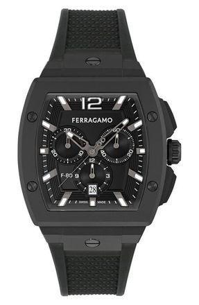 Ferragamo F-80 Tonneau Chronograph Silicone Strap Watch, mmx 42mm in Black Aluminum at Nordstrom