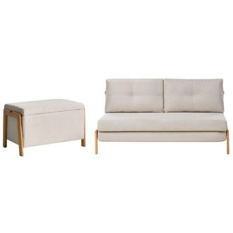 Beliani Conjunto De Sala De Estar Sof&aacute; Tapizado Con Funci&oacute;n De Cama Y Banco Con Almacenaje Hierro Tela Beige Edland