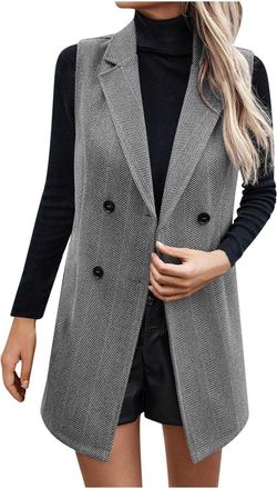 Generic Long Vest for Women Casual Trendy Sleeveless Gilet Blazer Solid Color Plain Fashion Fall Jackets Ladies Lapel Collar Loose Plus Size Cardigan Work Off
