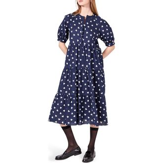 English Factory Heart Print Short Sleeve Tiered Cotton Midi Dress in Navy/White at Nordstrom Rack, Size X-Small