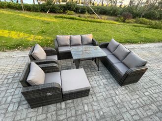 Fimous 9 Seater Rattan Outdoor Garden Furniture Sofa Set Patio Table & Chairs Set with 3 Seater Sofa Rectangular Dining Table in Dark Grey