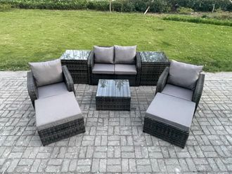 Fimous Rattan Garden Furniture Set Patio Conservatory Indoor Outdoor 6 Seater Set with Love Sofa Square Coffee Table in Dark Grey