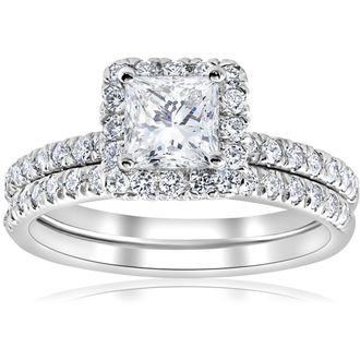 Pompeii3 2 5/8ct Princess Cut Halo Diamond Engagement Wedding Ring Set Lab Grown 14k Gold