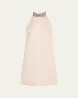 Brunello Cucinelli Satin Cady A-Line Dress with Precious Monili Collar