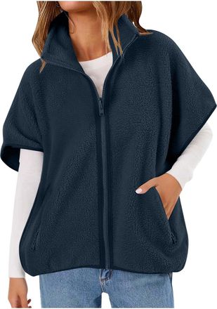 Generic Teddy Fleece Gilet for Women Body Warmers Vest Tops Solid Color Lightweight Cozy Gilets Stand Collar Sleeveless Zipper Waistcoat Coat with Pockets Fur