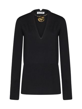 Jil Sander Superfine Merino Crew Neck Long Sleeve Knit With Integrated Jewel Necklace